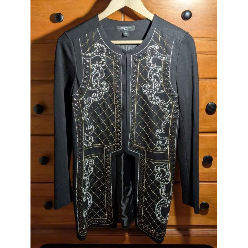 Andrew Yu Jacket Womens Small Embellished Beaded Studded Open Front Black